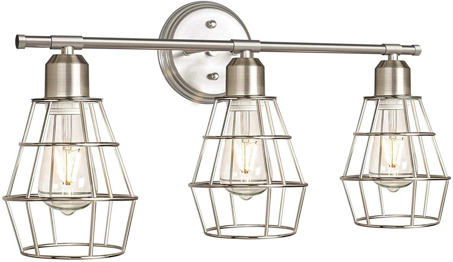 3-Light Industrial Bathroom Vanity Lights, Brushed Nickel Wall Sconce with Silver Cage, Vintage Farmhouse Light Fixture, Anti-Rust Wall Light for Dressing Table, Mirror Cabinets, Kitchen, Living Room