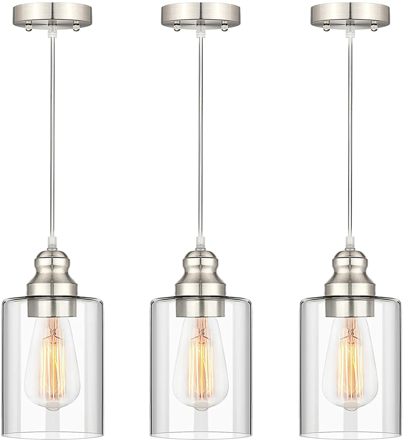 Industrial Pendant Lighting, Adjustable Hanging Light Fixtures, Clear Glass Shade Pendant Light, Vintage Farmhouse Mini Hanging Ceiling Lamp for Kitchen Living Room Bedroom Hallway, E26 Base, 3-Pack